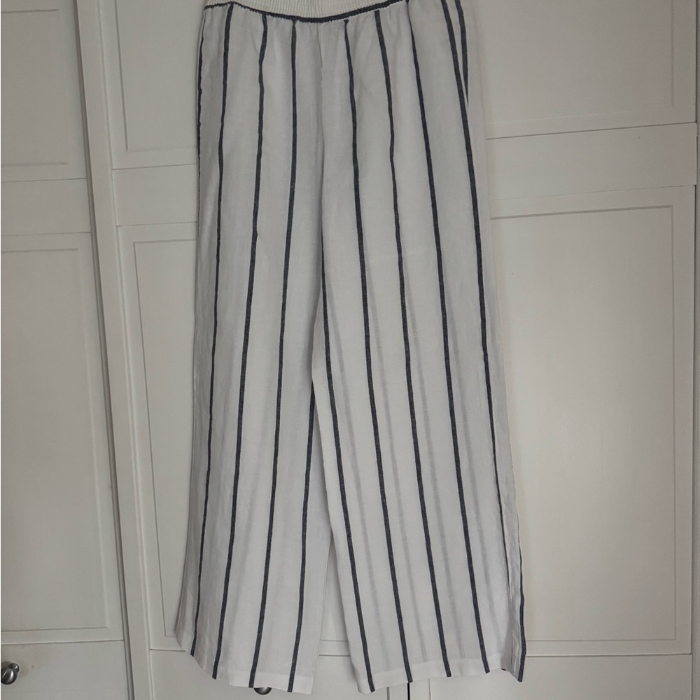 Saks Fifth Avenue Navy and White Linen Striped Wide Leg Pants